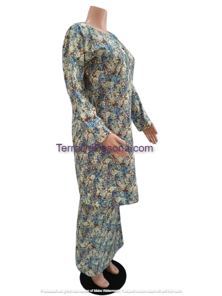 Baju Kurung Pesak Tradisional Johor English Blue White-KJ0079