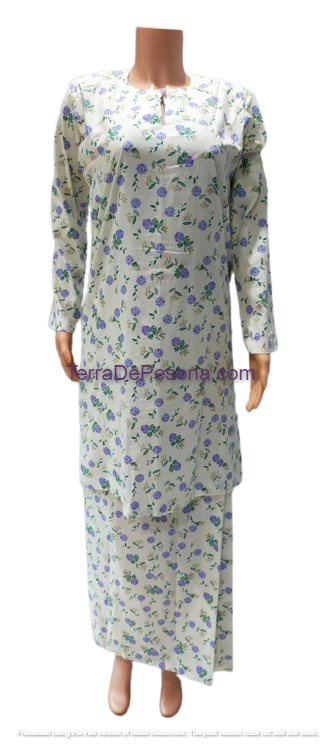 Baju Kurung Pesak Tradisional Johor Purple Flowers On White-KJ0085