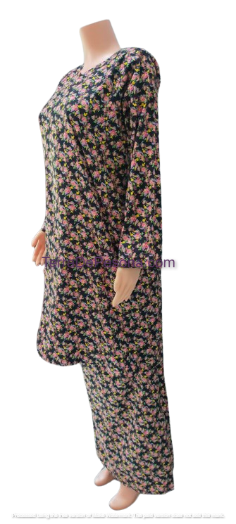 Baju Kurung Pesak Tradisional Johor Pink Flowers On Dark-KJ0086