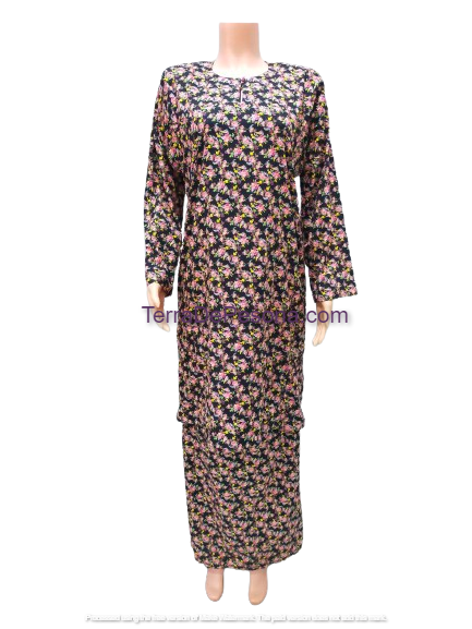 Baju Kurung Pesak Tradisional Johor Pink Flowers On Dark-KJ0086